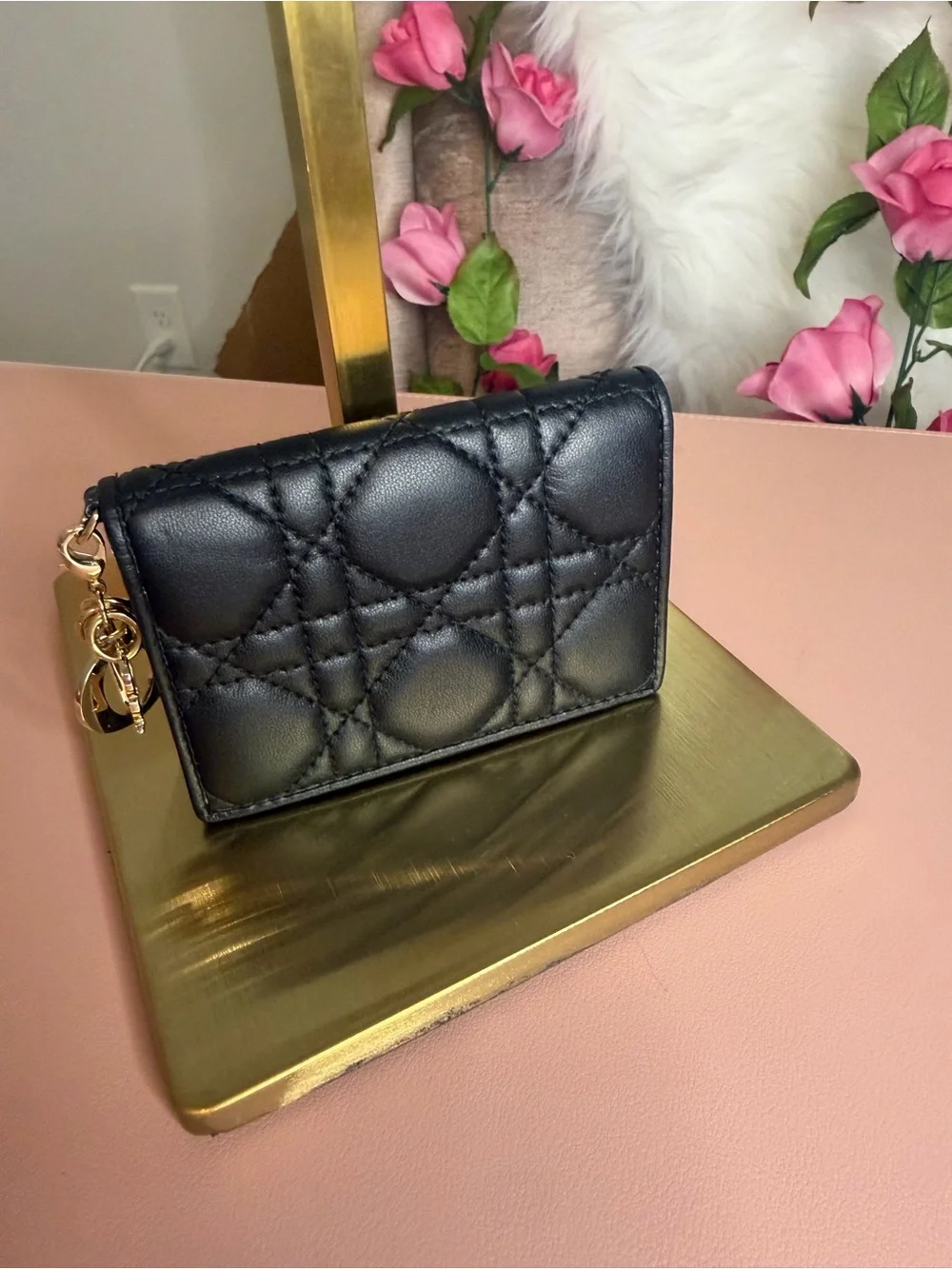 Christian Dior Cannage Lambskin Quilted Black Leather Mini Wallet w/Gold Charms